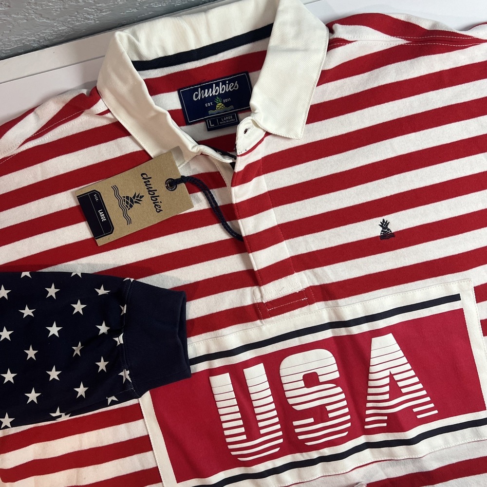 Chubbies Men Legacy Rugby Polo Shirt USA Patriotic Print Red White Blue Lg NEW